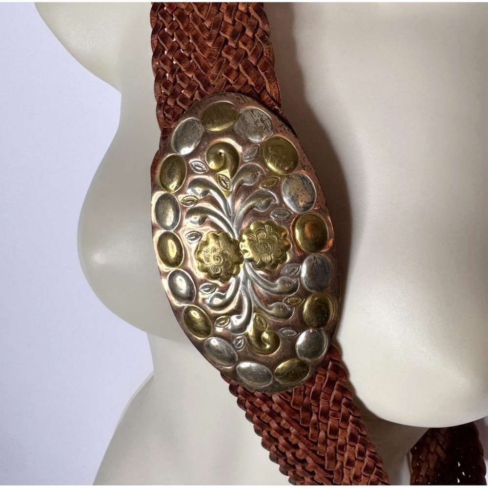 Vtg Moroocan Large Copper Brass Buckle Leather Belt Boho Festival M / L Fully